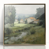 Framed acrylic wall art depicting a serene countryside landscape with vibrant green fields and a golden frame, perfect for enhancing home decor aesthetics.