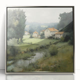 Framed landscape wall art featuring a serene countryside scene, with vibrant colors and intricate details, enclosed in a sleek silver acrylic frame for modern decor.