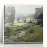 Framed acrylic wall art depicting a serene countryside landscape, showcasing vibrant green fields and a clear blue sky, designed to enhance home decor with a peaceful ambiance.