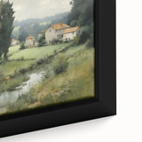 Framed canvas wall art depicting a serene countryside landscape, showcasing lush green fields and a vibrant sunset sky, perfect for home decor.