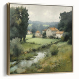 Framed canvas wall art depicting a serene countryside landscape in silver and gold tones, showcasing rolling hills and a soft sunset, ideal for home decor.