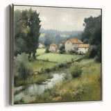 Framed landscape wall art depicting serene countryside scenery, featuring lush green fields and a tranquil sky, with a silver frame enhancing its elegance. Perfect for home decor.
