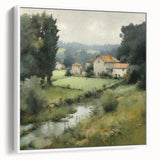 Framed landscape wall art showcasing a serene countryside scene with lush green fields and a vibrant blue sky, ideal for home decor enhancement.