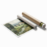 Landscape wall art print showcasing a serene countryside scene with rolling hills and a vibrant sunset, rolled and ready for framing, ideal for home décor.