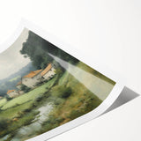 Serene countryside landscape wall art print showcasing rolling hills and a vibrant sunset, elegantly rolled and ready for framing, perfect for home decor.