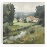 Stretched canvas wall art depicting a serene countryside landscape with vibrant green fields and a clear blue sky, perfect for home decor and nature enthusiasts.