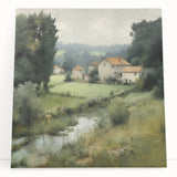 Stretched canvas wall art showcasing a serene countryside landscape with rolling hills, vibrant green trees, and a clear blue sky, perfect for home decor.