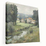 Vibrant landscape wall art on stretched canvas showcasing a serene countryside scene with rolling hills and lush greenery, perfect for home decor.
