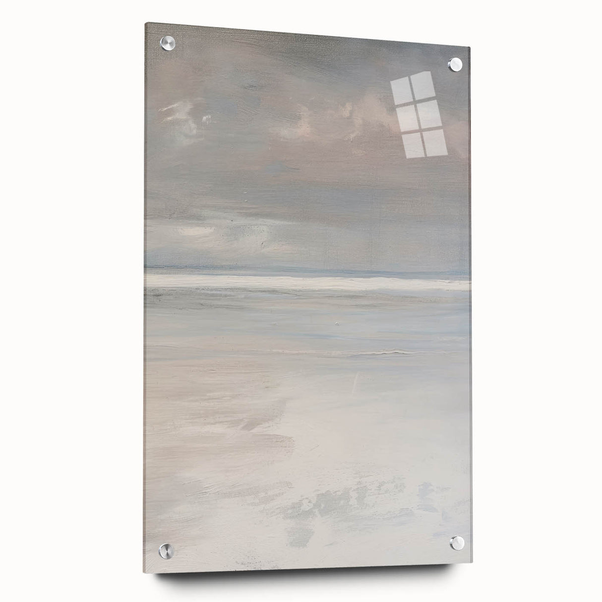 Acrylic glass artwork showcasing a vibrant landscape design, displayed in a side view with decorative pins, perfect for enhancing modern home decor.