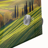 Close-up of a vibrant acrylic landscape artwork depicting a serene countryside scene, showcasing lush green fields and a clear blue sky, perfect for home decor.