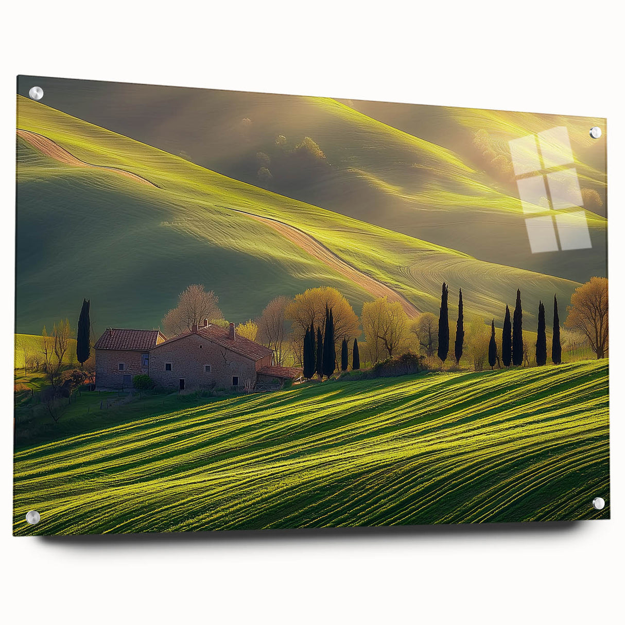 Acrylic landscape artwork showcasing a vibrant countryside scene, displayed in a side view with colorful pins for easy mounting, ideal for home decor.