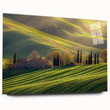 Acrylic landscape artwork depicting a serene countryside scene, showcasing vibrant green fields and a clear sky, presented in a glass frame for an elegant display.