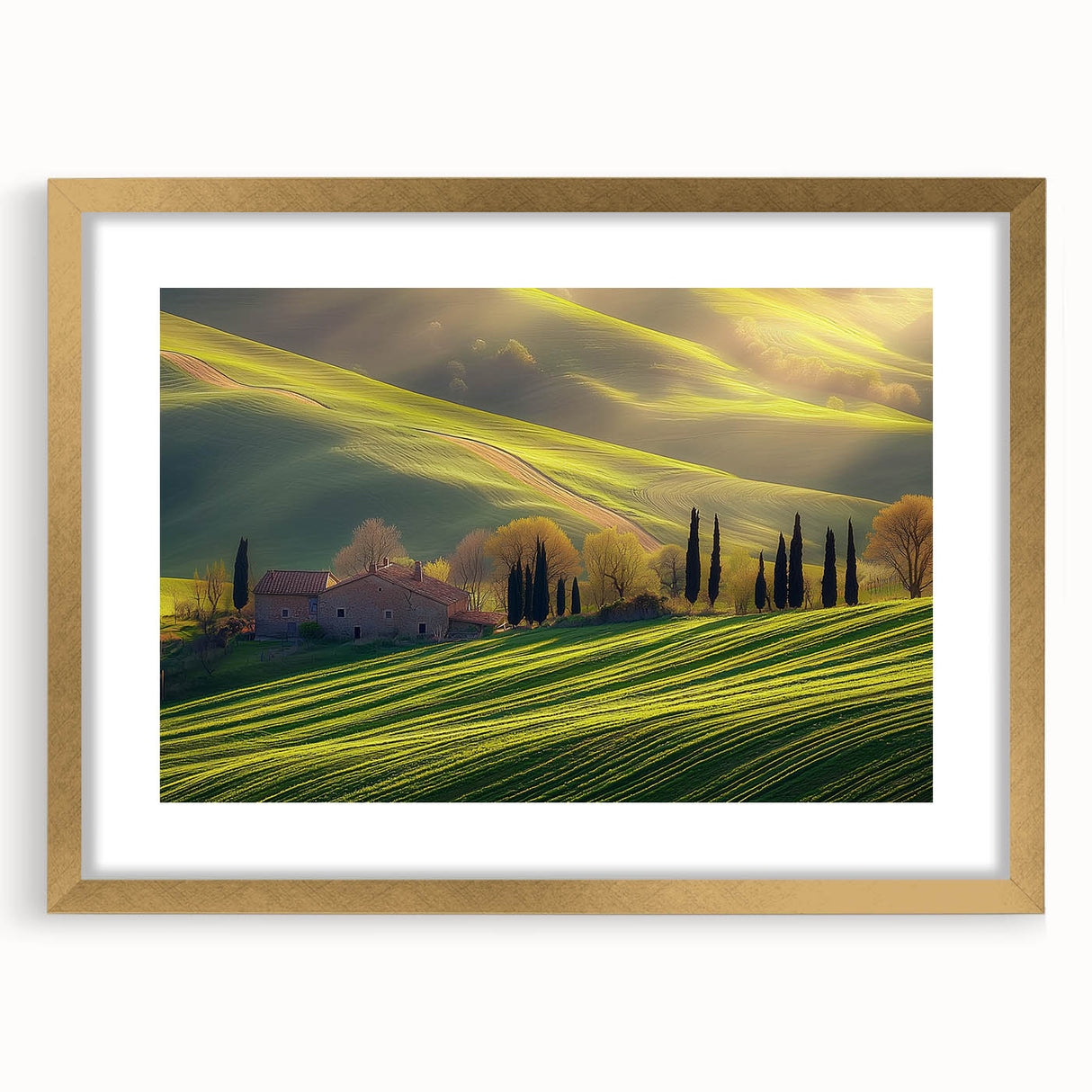 Elegant gold-framed landscape artwork showcasing a serene countryside scene, complete with a white mat, ideal for enhancing home decor. Perfect for art enthusiasts.