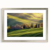 Framed silver landscape art piece showcasing a serene countryside scene, complete with a textured mat and elegant design, perfect for home decor enhancement.