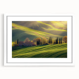 Framed landscape artwork showcasing a serene countryside scene, featuring lush green fields and a clear blue sky, elegantly matted in white for a modern touch.