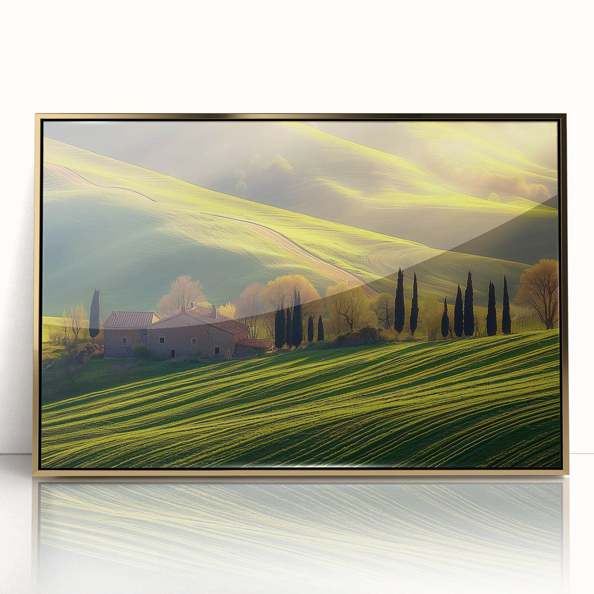 Framed acrylic artwork depicting a serene countryside landscape with vibrant colors and gold accents, ideal for enhancing home decor in living spaces.