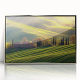 Framed acrylic artwork displaying a serene countryside landscape with rolling hills and vibrant greenery, set in a sleek silver frame, ideal for home decor.