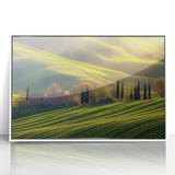 Framed acrylic artwork showcasing a serene countryside landscape with vibrant colors, set in a sleek white frame, ideal for enhancing home decor.
