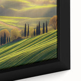 Close-up of a framed canvas featuring a serene countryside landscape, showcasing vibrant green fields and a clear blue sky, ideal for home decor.