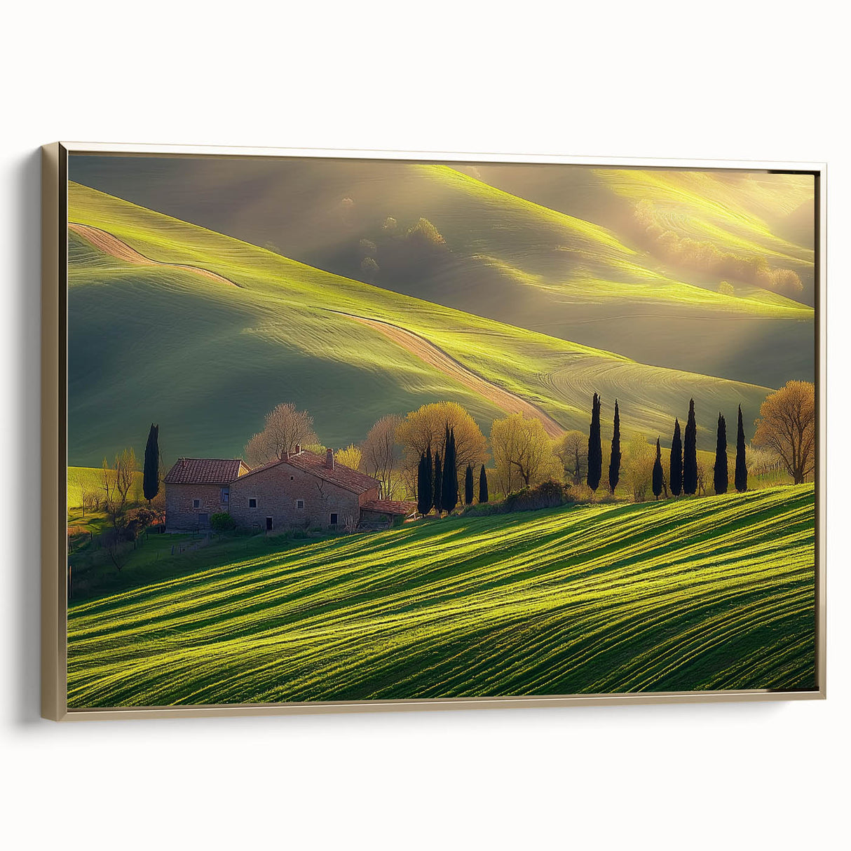 Framed canvas artwork depicting a serene countryside landscape with vibrant colors and gold accents, elegantly displayed from the side to showcase its depth and texture.