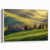 Framed canvas artwork depicting a serene countryside landscape with rolling hills and a vibrant sky, presented in a sleek white frame, ideal for home decor.