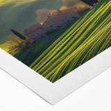 Rolled canvas artwork showcasing a serene countryside landscape with rolling hills and a vibrant sky, elegantly displayed in a protective cardboard tube for easy transport.