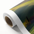 Rolled canvas artwork depicting a serene countryside landscape, showcasing vibrant green fields and a clear blue sky, elegantly packaged in a protective cardboard tube for delivery.