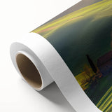 Rolled canvas artwork depicting a serene countryside landscape, showcasing vibrant green fields and a clear blue sky, elegantly packaged in a protective cardboard tube for delivery.