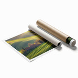 Rolled print depicting a serene countryside landscape with rolling hills and lush greenery, elegantly packaged in a protective cardboard tube for easy transport and display.