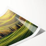 Rolled print showcasing a serene countryside landscape with vibrant green fields and rolling hills, elegantly packaged in a protective cardboard tube, perfect for home decor.