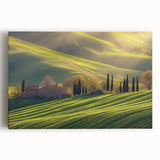 Stretched canvas artwork depicting a vibrant countryside landscape with rolling hills, lush greenery, and a serene sky, ideal for home decor enhancement.
