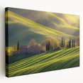 Stretched canvas artwork depicting a serene countryside landscape with rolling hills and a vibrant sky, perfect for home decor and nature enthusiasts.