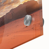 Close-up view of a vibrant acrylic landscape depicting a desert scene, showcasing rich colors and intricate details on a glass surface, ideal for modern decor.
