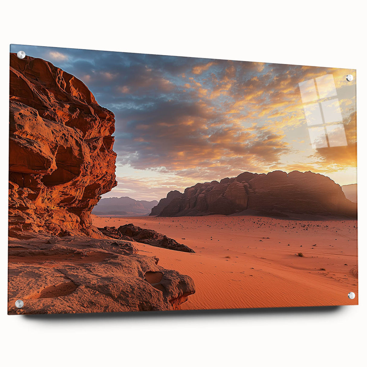 Acrylic landscape artwork depicting a serene desert scene, presented in a side view with decorative pins, showcasing warm earth tones and intricate details. Ideal for modern home decor enthusiasts seeking desert-themed art.