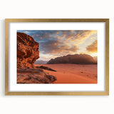 Framed desert landscape artwork with a gold mat, showcasing vibrant colors and intricate details, perfect for elevating home decor in modern or rustic settings.