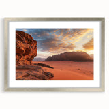 Desert landscape art print framed in silver with a white mat, showcasing vibrant colors and intricate details, ideal for home decor or office spaces.