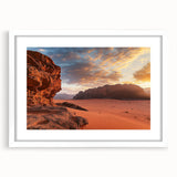 Desert landscape framed art print featuring a white mat and sleek black frame, showcasing warm earth tones and serene natural scenery, perfect for home decor.