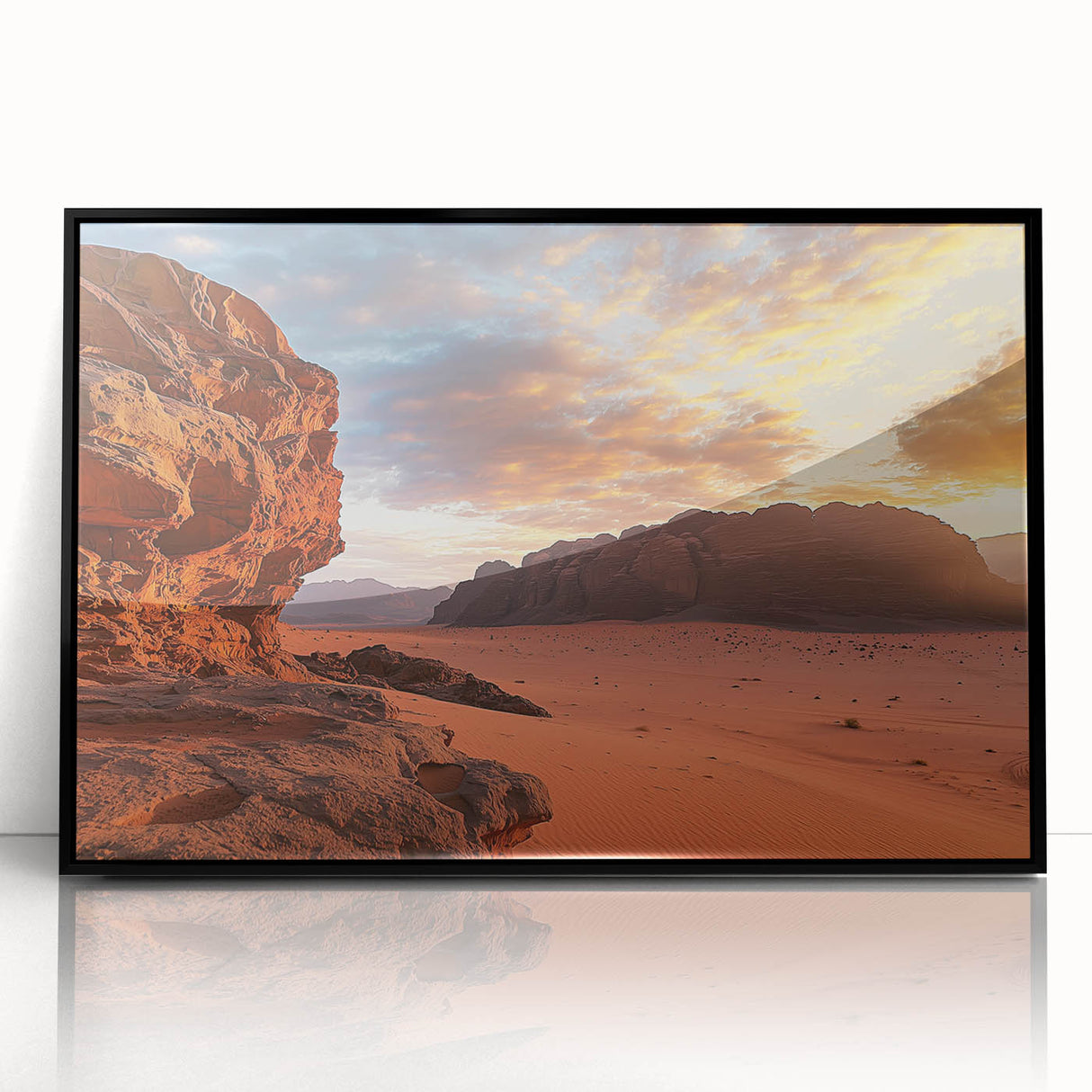Framed acrylic artwork showcasing a vibrant desert landscape, featuring warm hues of orange and yellow with black framing, ideal for modern home decor.