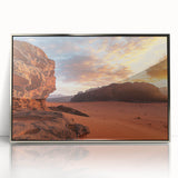 Framed acrylic art piece showcasing a stunning desert landscape in vibrant hues of orange and gold, perfect for enhancing modern home decor.