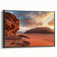 Framed canvas art depicting a serene desert landscape with warm earth tones, set against a sleek black frame, perfect for home decor and wall enhancement.