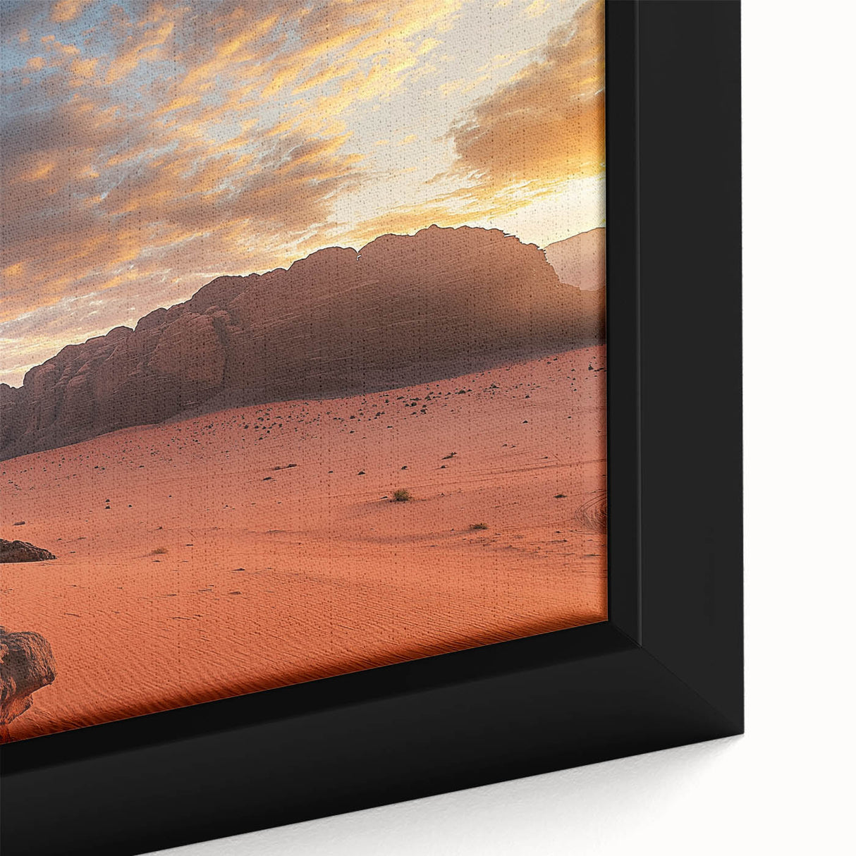 Close-up of a framed canvas depicting a vibrant desert landscape with rich colors and intricate details, perfect for home decor and art enthusiasts.