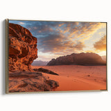 Framed canvas artwork showcasing a vibrant desert landscape with golden hues, perfect for modern home decor. Side view highlights the elegant frame design.