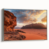 Framed canvas art depicting a stunning desert landscape with vibrant colors, featuring a sleek silver frame, ideal for enhancing modern home decor aesthetics.