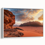 Framed canvas artwork displaying a stunning desert landscape with vibrant colors, set against a white frame, perfect for home decor and nature enthusiasts.