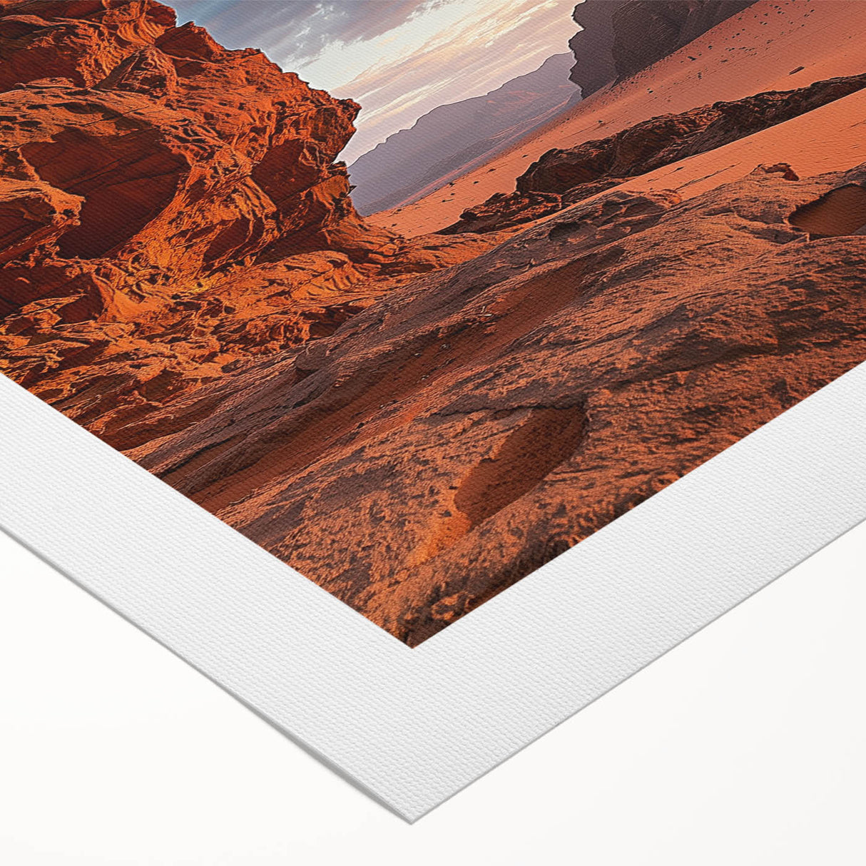 Desert landscape rolled canvas art showcasing vibrant hues of orange and yellow, featuring dramatic rock formations and a serene sky, perfect for home decor.