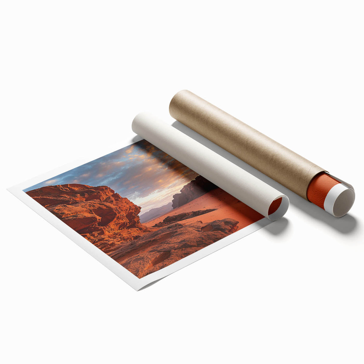 Desert landscape rolled canvas print showcasing vibrant hues of orange and yellow, depicting a serene sunset over sand dunes, elegantly packaged in a protective tube.