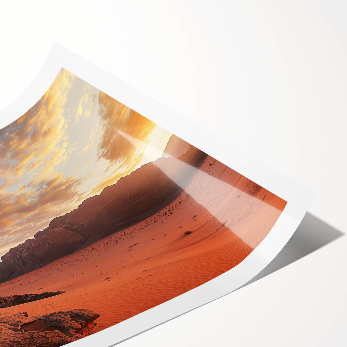 Desert landscape rolled print showcasing vibrant warm colors of orange, red, and yellow, illustrating a serene sunset over dunes, ideal for home decor.
