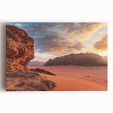 Vibrant stretched canvas depicting a stunning desert landscape at sunset, showcasing warm hues of orange and yellow with intricate details of cacti and sand dunes, ideal for home decor.