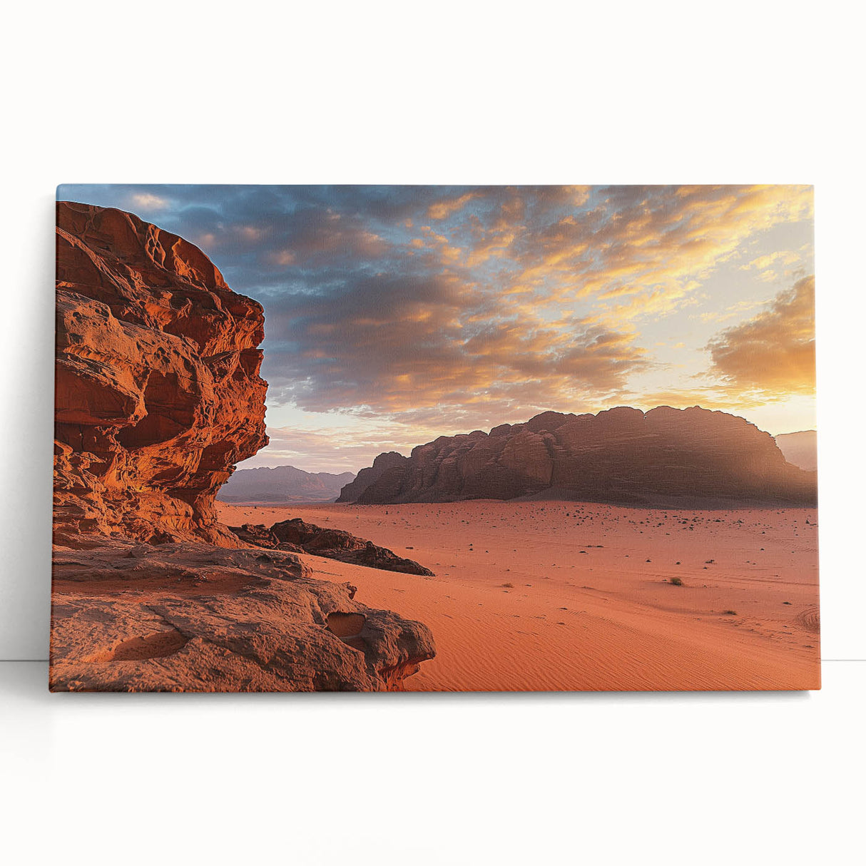 Desert landscape stretched canvas art print showcasing vibrant hues of orange and yellow against a blue sky, elegantly leaning on a neutral wall. Perfect for modern home decor.