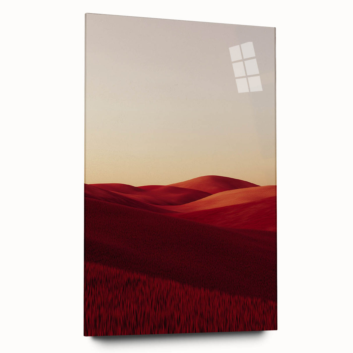 Acrylic glass artwork depicting serene landscapes with vibrant green fields and a clear blue sky, elegantly displayed from a side view, showcasing its glossy finish and modern aesthetic.